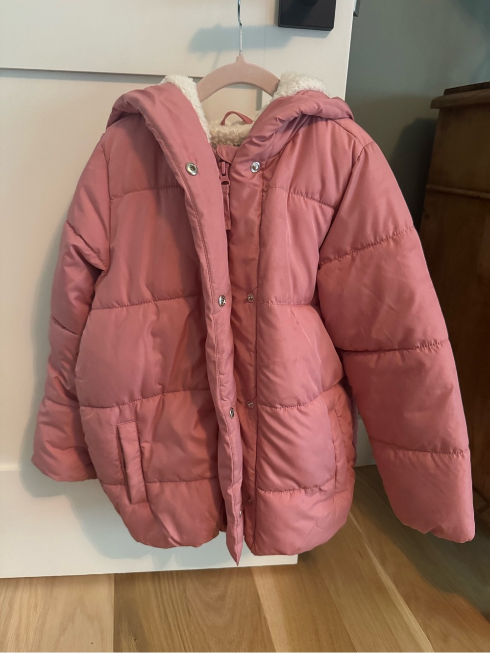 Old Navy Dusty Pink Puffer Jacket with Sherpa Hood